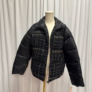 Aqua Black Puffer Jacket with Quilted Sleeves and High Collar